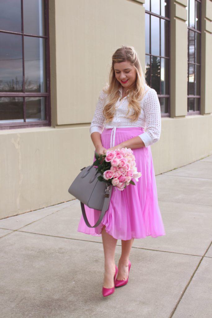 valentines outfit - pink skirt - rachel parcell 