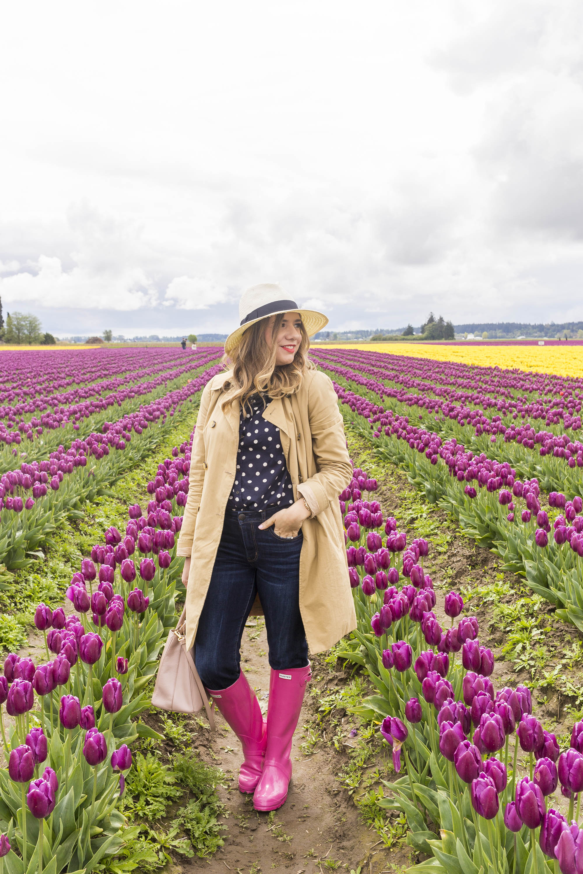 most worn spring accessories - pink hunter boots - J.Crew trench coat - tulip fields - tulip festival - Skagit Valley tulip festival